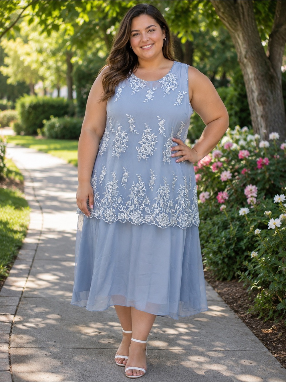 Hekka Dress Sleeveless Tiered Blue Jacquard Sheer Overlay Mother Of Bride Sz 2XL